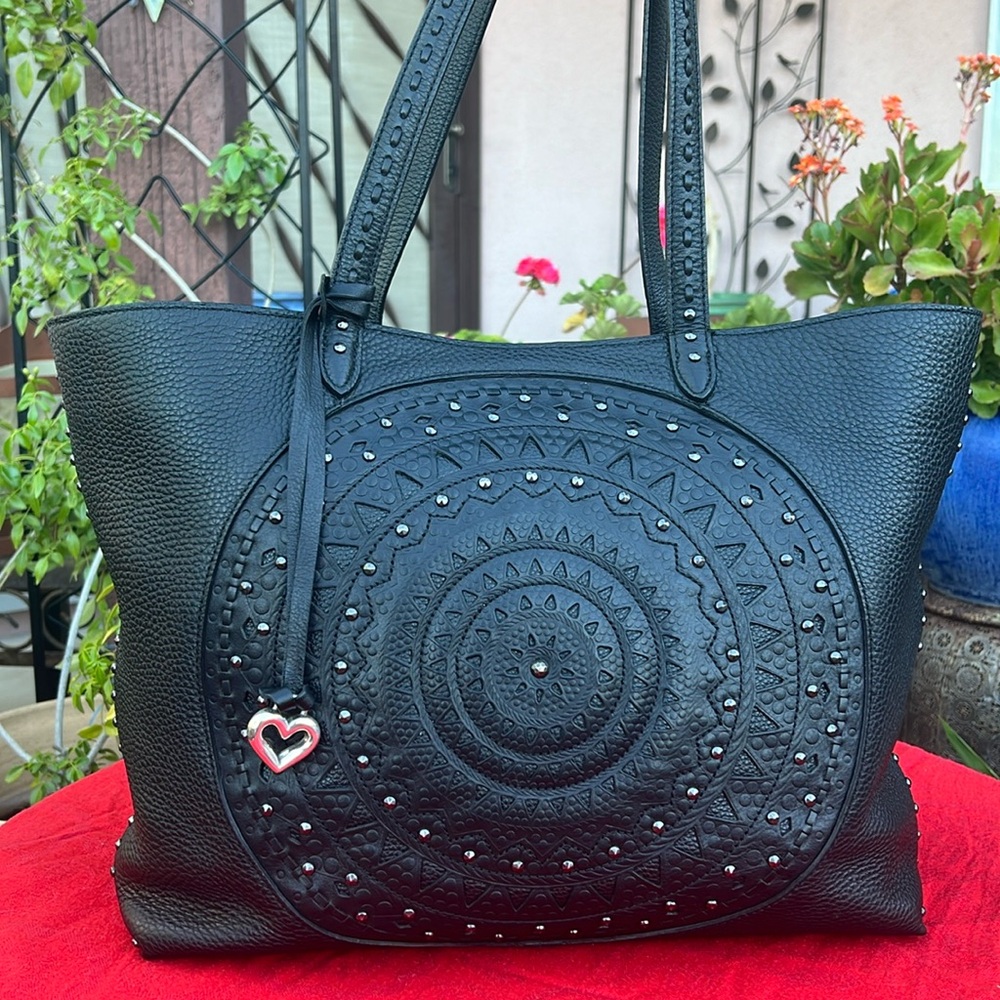 Brighton Ferrara Black Leather Mandala Silver Studded Claudine Tote